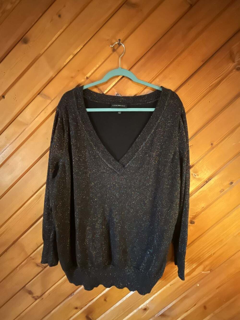 Lane Bryant Plus Size Black V-Neck Metallic Sparkle Long Sleeve Sweater